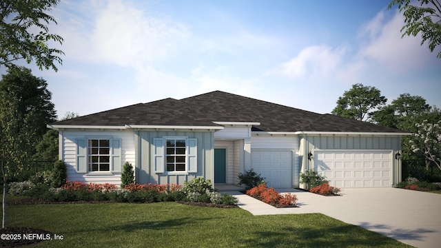 single story home featuring board and batten siding, a front yard, driveway, and an attached garage