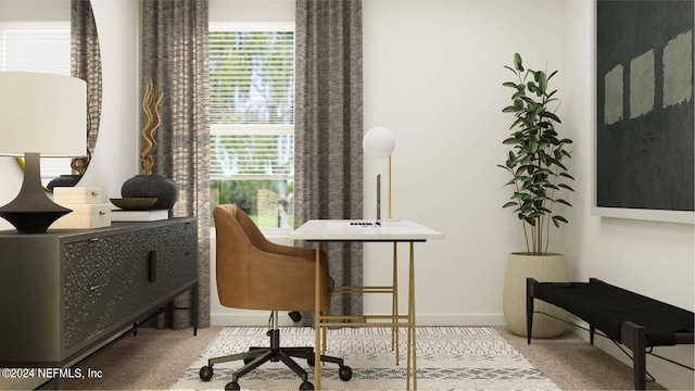 home office featuring carpet flooring and baseboards