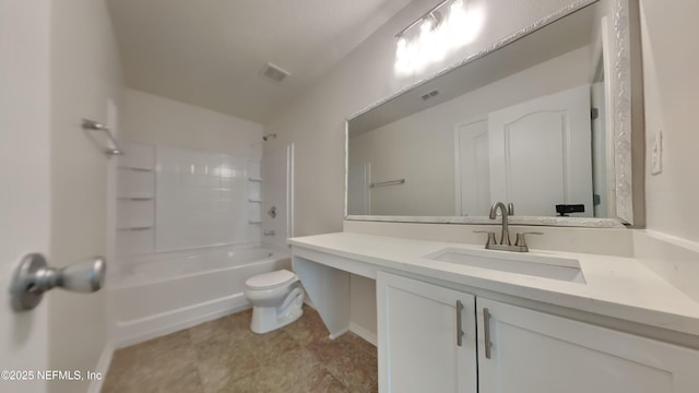 full bathroom with visible vents, shower / tub combination, vanity, and toilet