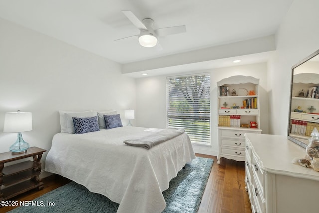 bedroom featuring ceiling fan, dark wood-style floors, and recessed lighting