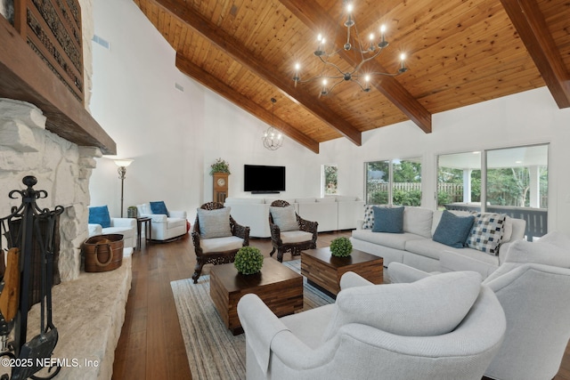 living area featuring high vaulted ceiling, a fireplace, wood ceiling, beamed ceiling, and a notable chandelier