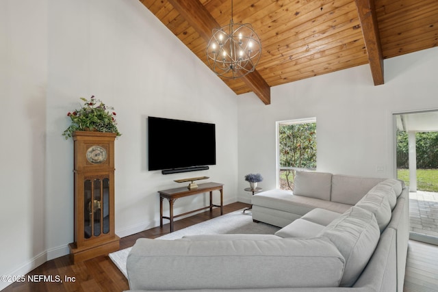 living room with plenty of natural light, beamed ceiling, high vaulted ceiling, and wood finished floors