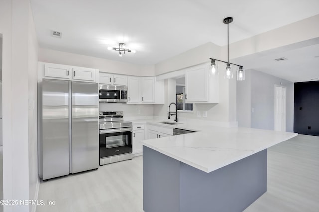 kitchen with stainless steel appliances, white cabinets, a sink, light stone countertops, and a peninsula