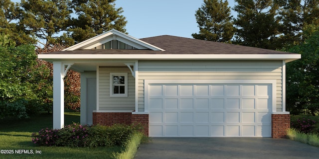 view of front of home featuring a garage, brick siding, and board and batten siding