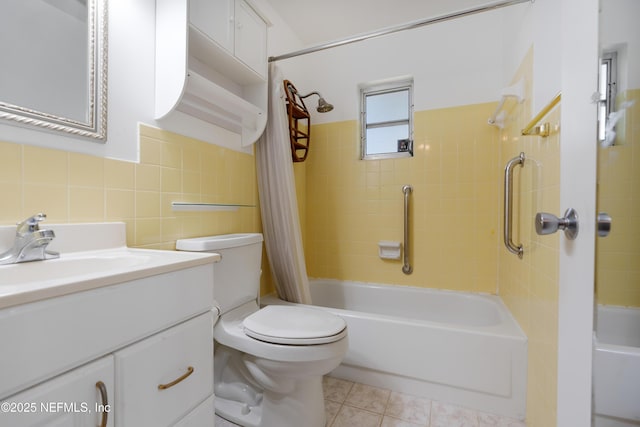 bathroom with toilet, tile patterned flooring, tile walls, and shower / bathtub combination with curtain