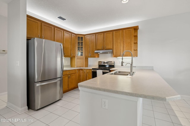 kitchen featuring visible vents, appliances with stainless steel finishes, a sink, a peninsula, and under cabinet range hood