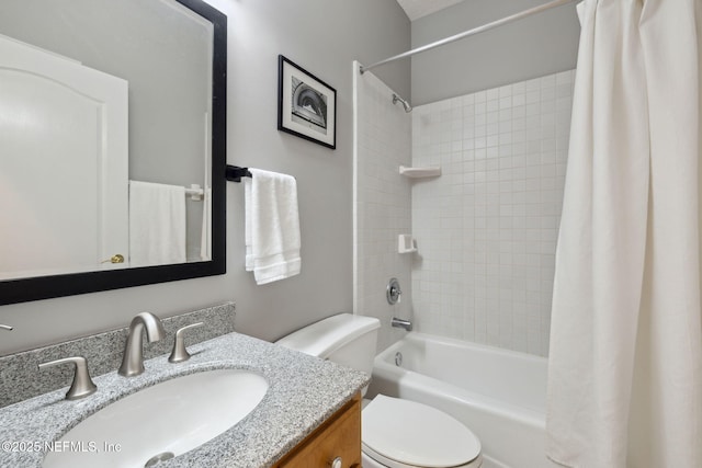 bathroom with vanity, toilet, and shower / bathtub combination with curtain