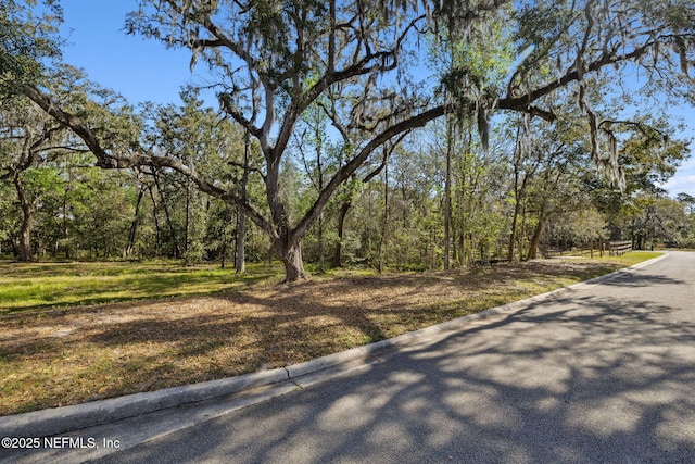 view of street featuring curbs and a view of trees