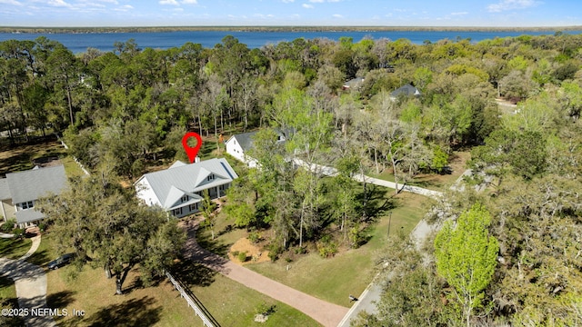 bird's eye view featuring a water view and a wooded view