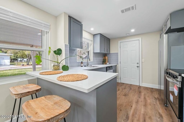 kitchen featuring visible vents, a peninsula, a sink, stainless steel range with electric cooktop, and backsplash