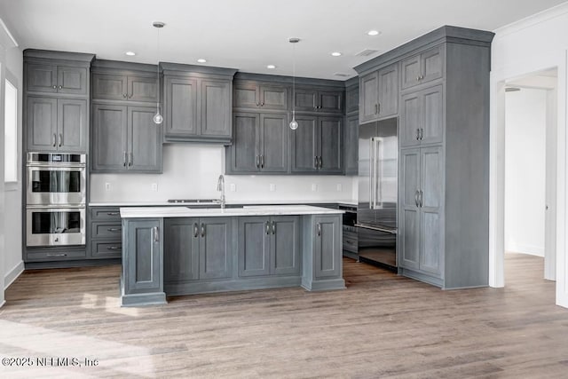 kitchen featuring light wood finished floors, stainless steel appliances, and light countertops