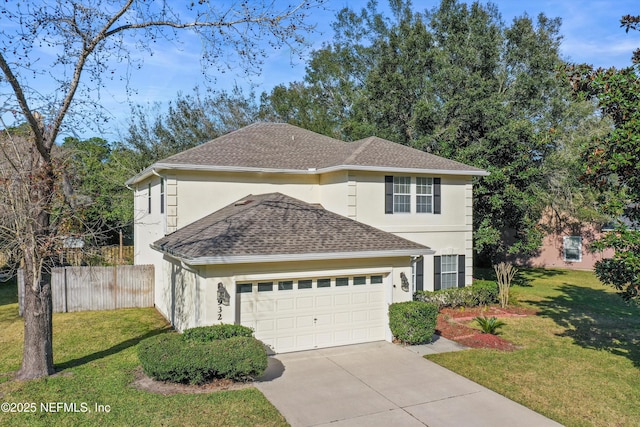 view of front of house with roof with shingles, stucco siding, a front yard, a garage, and driveway