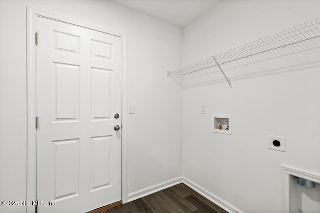 laundry room with dark wood finished floors, hookup for a washing machine, electric dryer hookup, laundry area, and baseboards