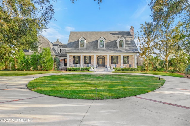 view of front of property with a front yard, curved driveway, and a chimney