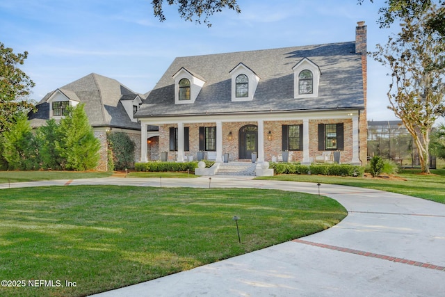 view of front of property with covered porch, a front lawn, and brick siding