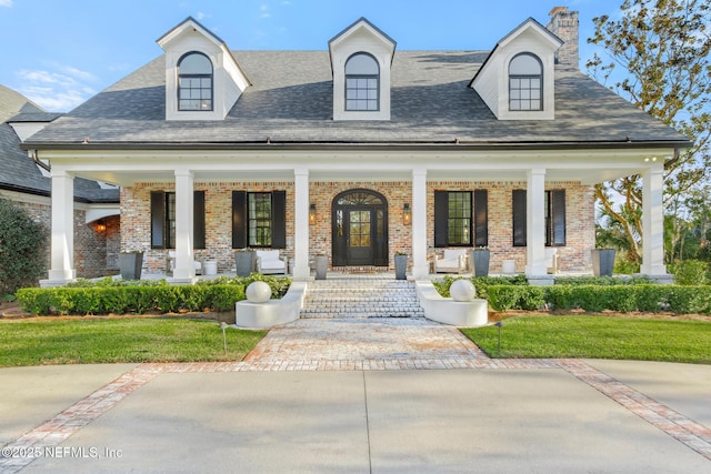 view of front of home featuring brick siding, roof with shingles, and a porch