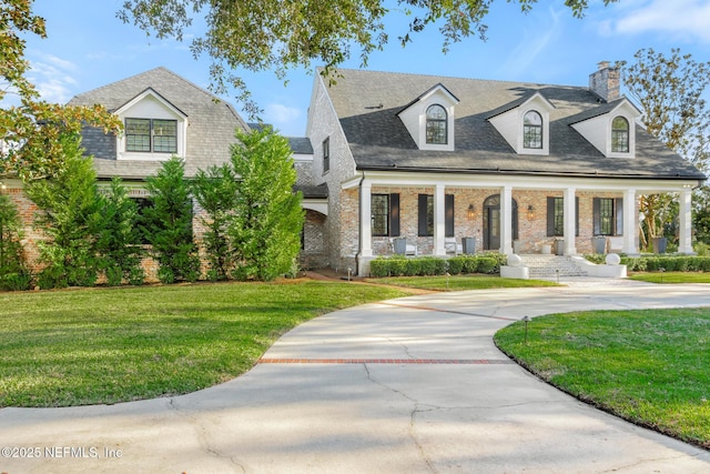 view of front of property with a porch, a front lawn, concrete driveway, and brick siding