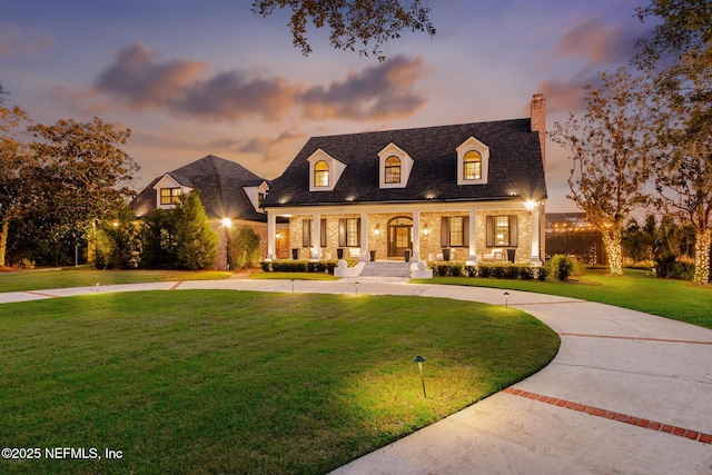 view of front facade featuring brick siding, curved driveway, a chimney, a porch, and a front lawn