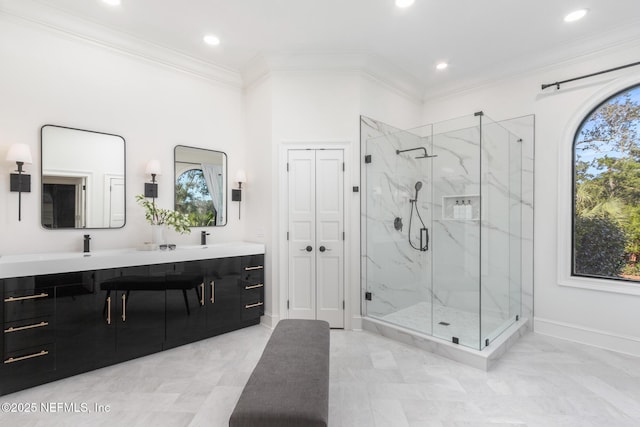 bathroom featuring baseboards, a healthy amount of sunlight, a marble finish shower, and crown molding