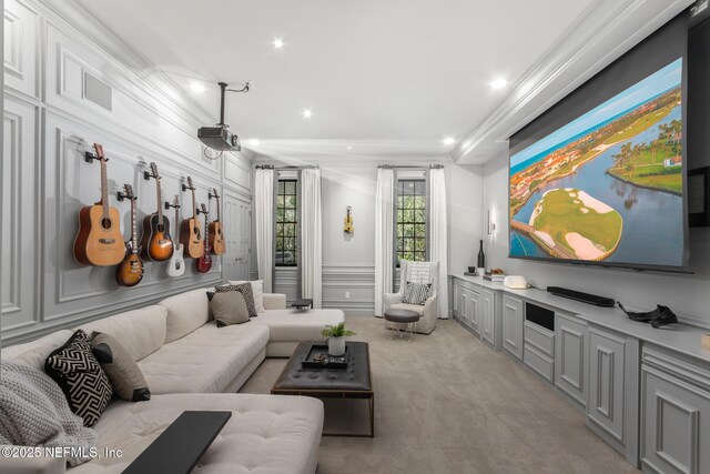 interior space with recessed lighting, light carpet, crown molding, and a decorative wall