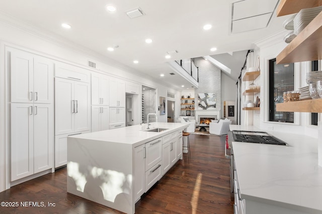 kitchen with crown molding, white cabinetry, a sink, and dark wood-style floors