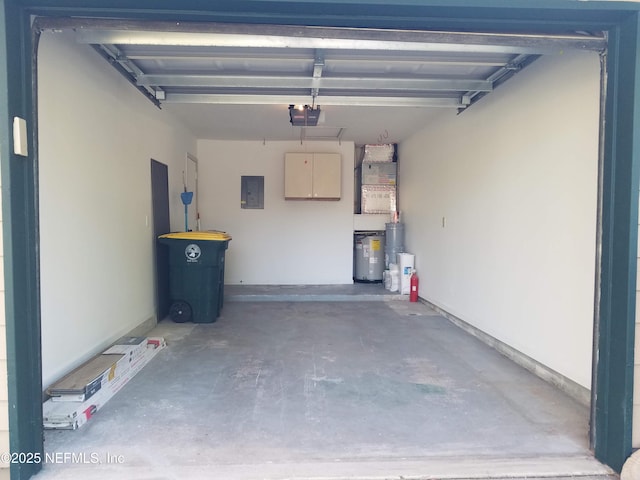 garage with electric water heater, electric panel, and a garage door opener