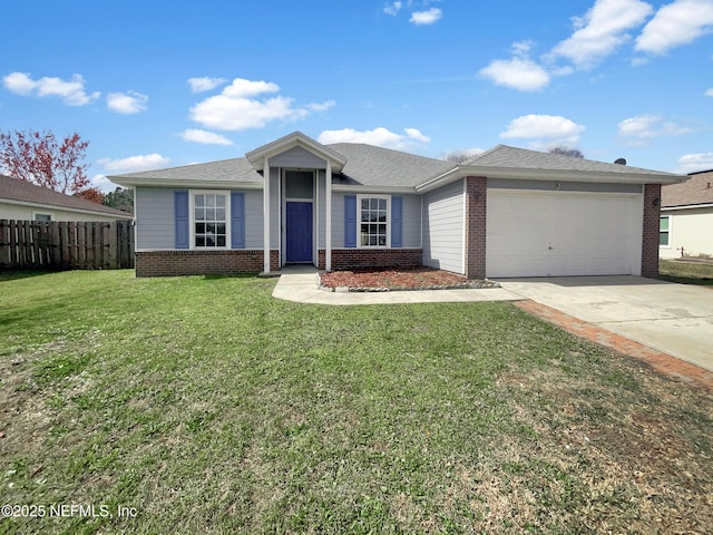 ranch-style house featuring a garage, brick siding, fence, concrete driveway, and a front lawn