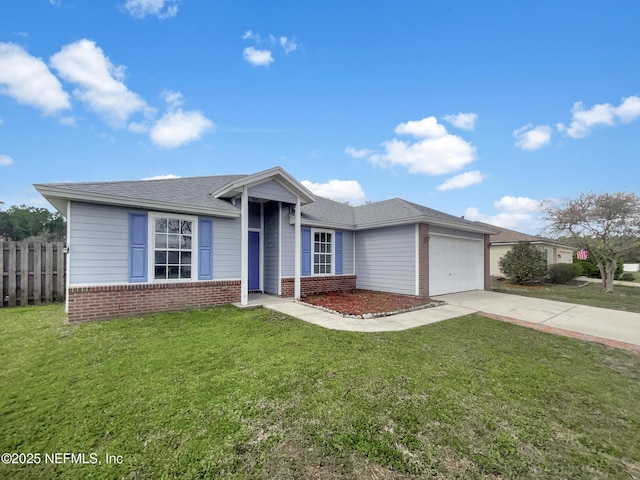 ranch-style home featuring a garage, brick siding, fence, driveway, and a front yard