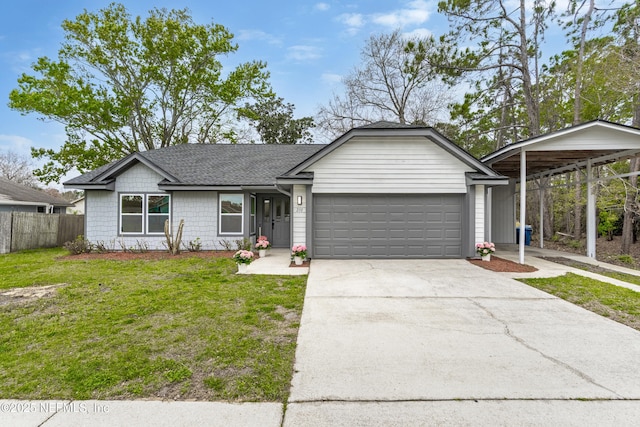 view of front of house featuring a garage, concrete driveway, roof with shingles, fence, and a front yard