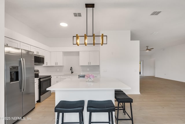 kitchen with light countertops, visible vents, appliances with stainless steel finishes, white cabinetry, and a sink