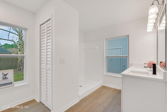 full bathroom featuring walk in shower, a sink, baseboards, and wood finished floors