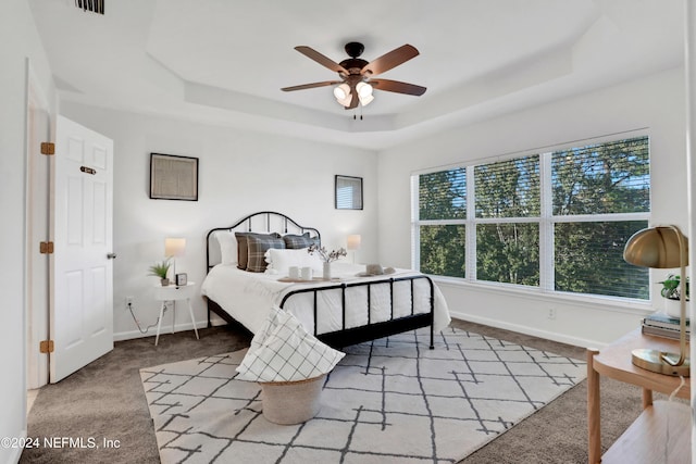 bedroom featuring carpet, a raised ceiling, ceiling fan, and baseboards