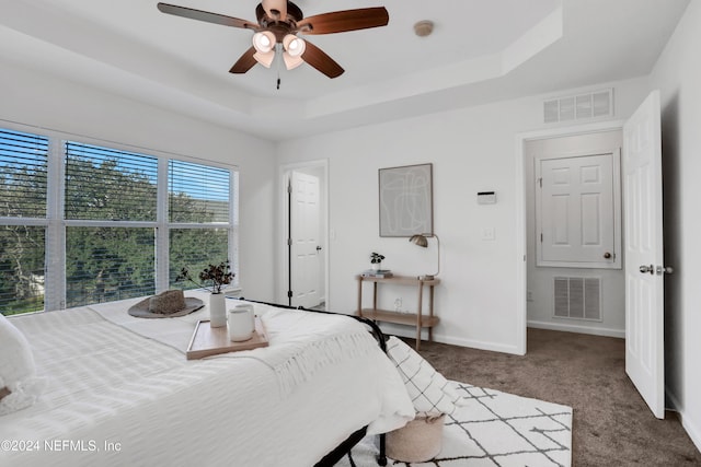 bedroom featuring a raised ceiling, visible vents, and baseboards