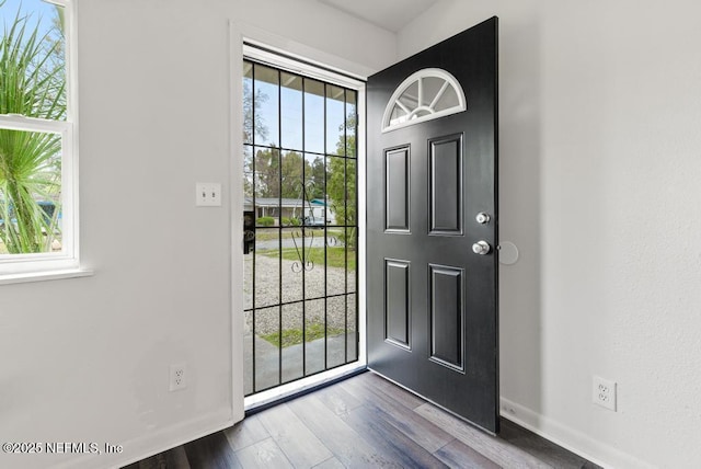 foyer entrance featuring a wealth of natural light, baseboards, and wood finished floors