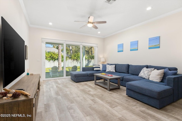 living area featuring ceiling fan, light wood-style flooring, recessed lighting, visible vents, and crown molding