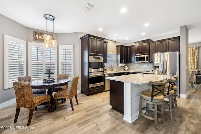 kitchen featuring visible vents, backsplash, appliances with stainless steel finishes, a sink, and dark brown cabinets