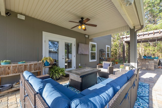 view of patio / terrace with ceiling fan, french doors, and outdoor lounge area