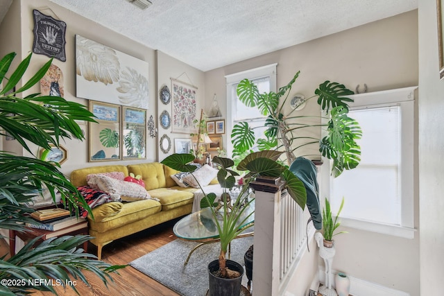 sitting room with a textured ceiling and wood finished floors