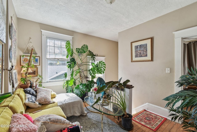 sitting room featuring a textured ceiling, wood finished floors, and baseboards