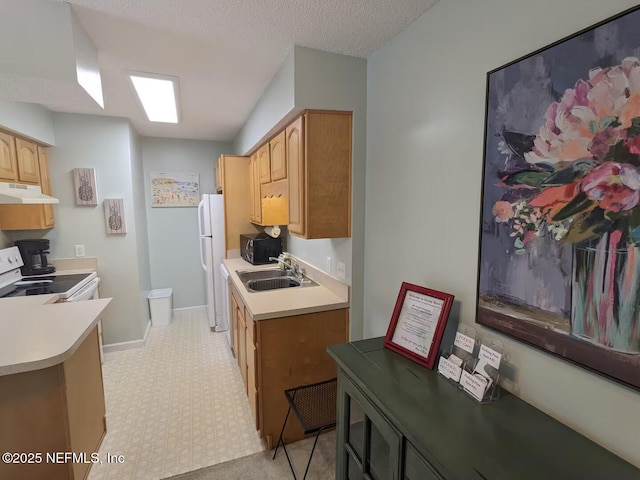 kitchen featuring light countertops, white appliances, a sink, and under cabinet range hood