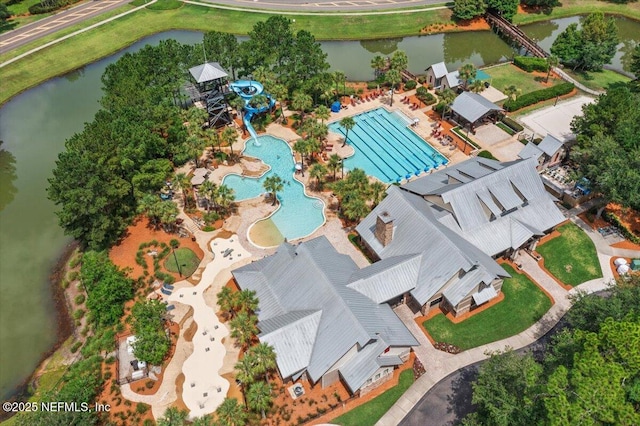 aerial view featuring a water view