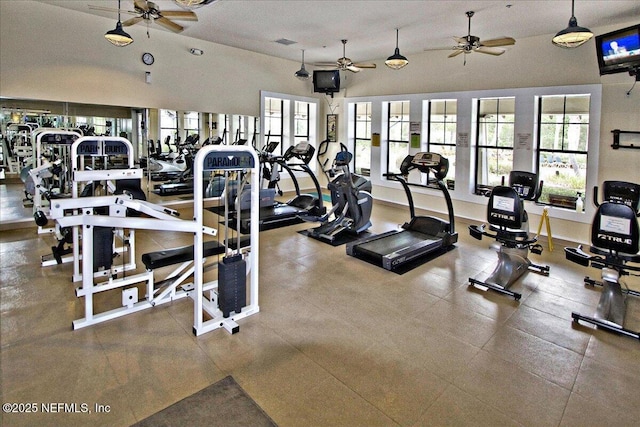 workout area with vaulted ceiling, a ceiling fan, and a healthy amount of sunlight