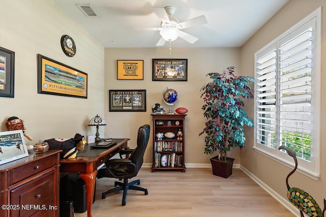 home office with visible vents, baseboards, light wood-style flooring, and a ceiling fan