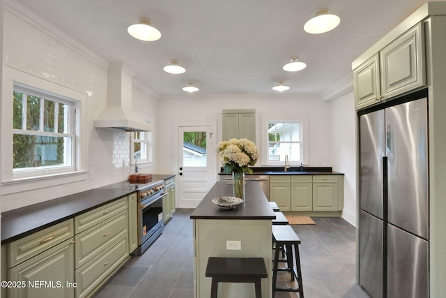 kitchen with dark countertops, ornamental molding, custom exhaust hood, stainless steel appliances, and a sink