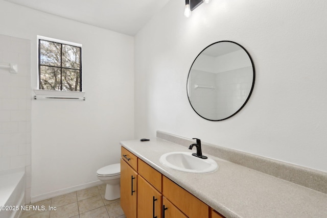 full bath with toilet, a bathing tub, tile patterned flooring, a shower, and vanity