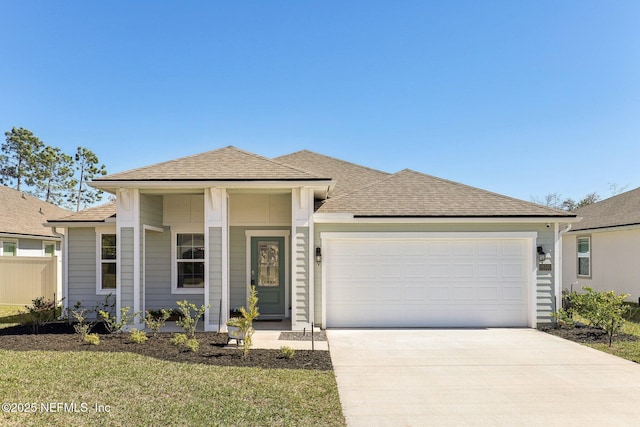 view of front of house featuring a garage, concrete driveway, and a shingled roof