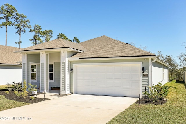 ranch-style house featuring a garage, driveway, and roof with shingles