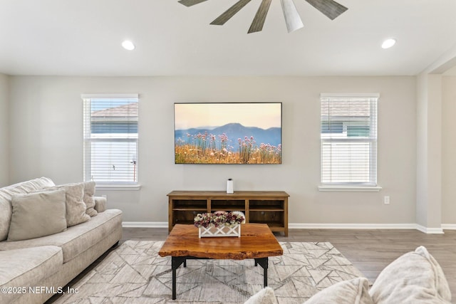 living area featuring baseboards, plenty of natural light, and light wood-style floors