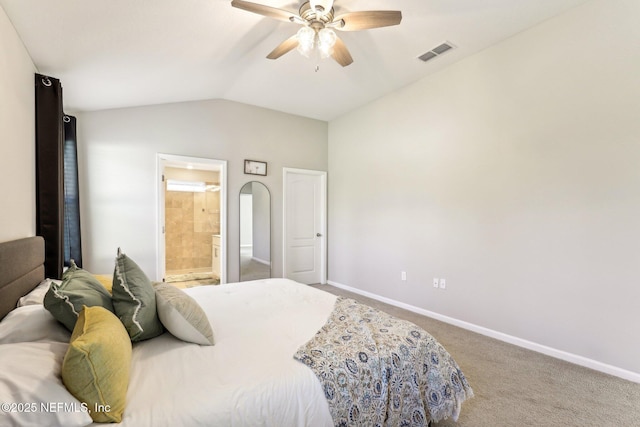 bedroom featuring vaulted ceiling, carpet, visible vents, and baseboards