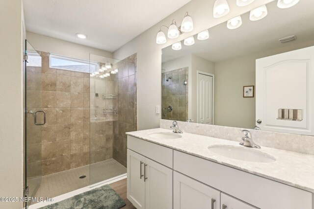 bathroom featuring a sink, a shower stall, and double vanity